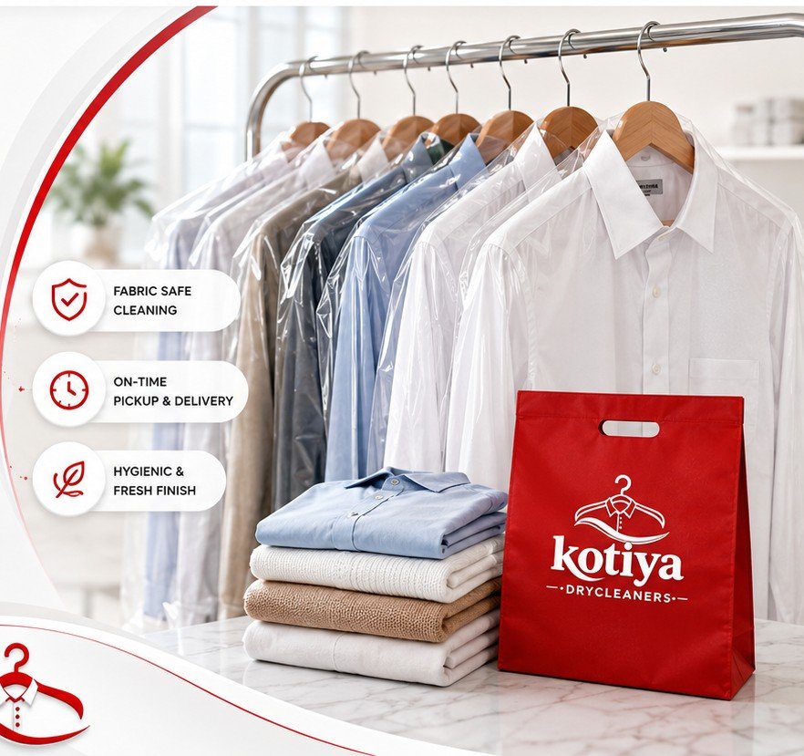 Dry-cleaned shirts, folded clothes and Kotiya branded packaging